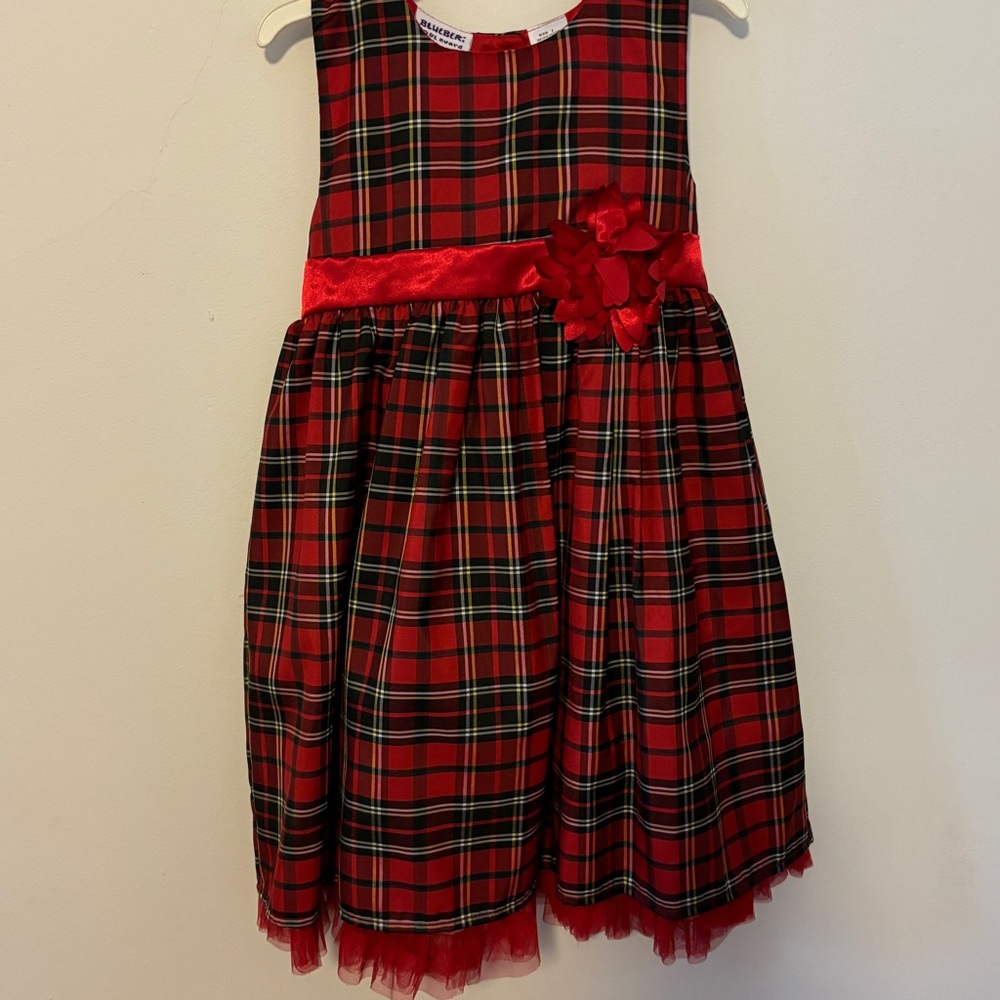 Holiday size 5 red black plaid dress sleeveless A line with satin sash perfect
